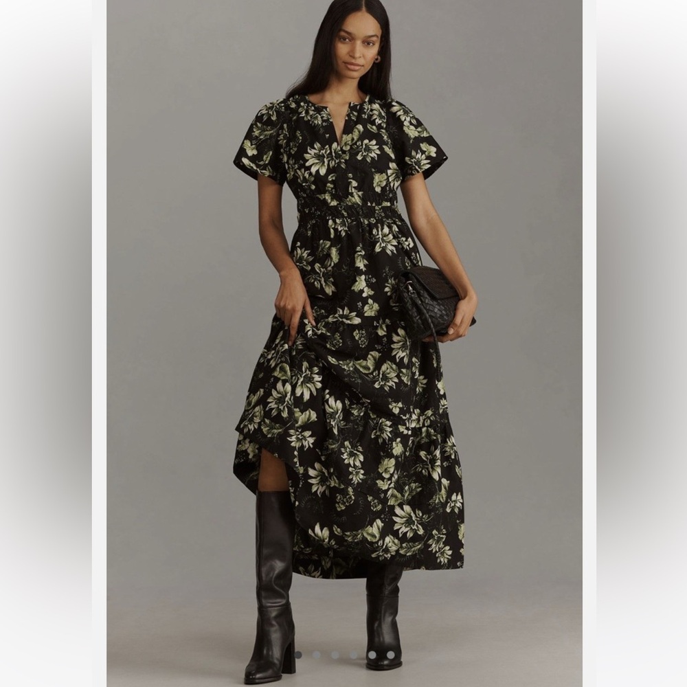 Anthropology Black and Green Maxi Dress